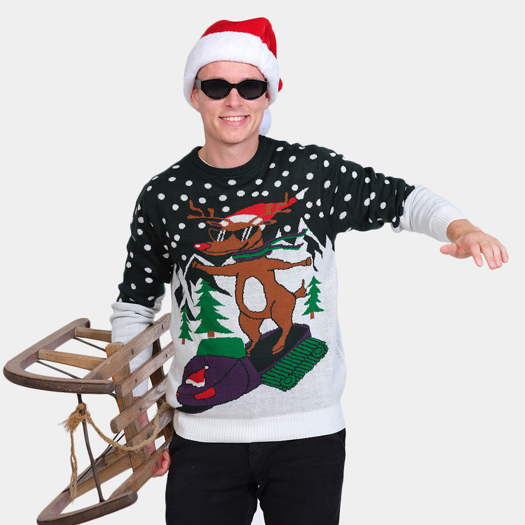 Mens Family Ugly Christmas Sweater with Reindeer on Snowmobile