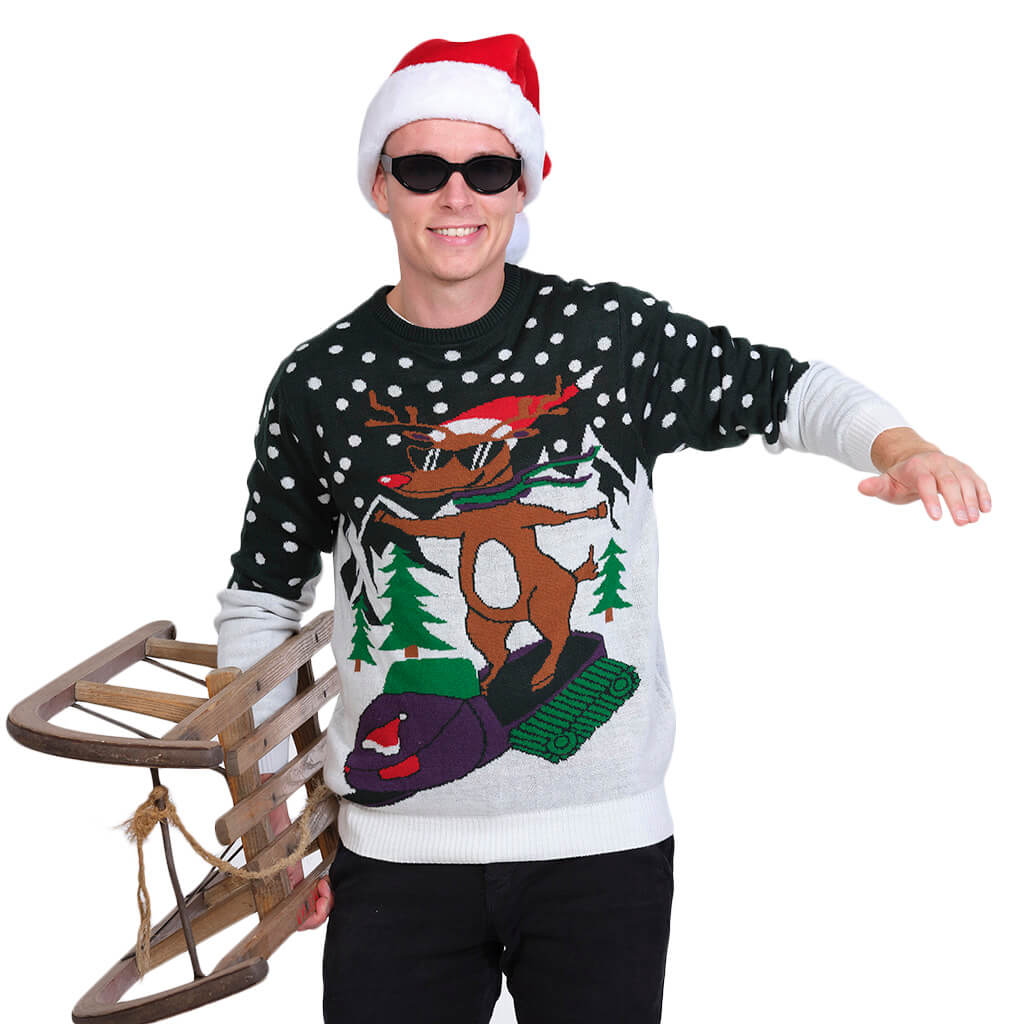 Mens Family Ugly Christmas Sweater with Reindeer on Snowmobile