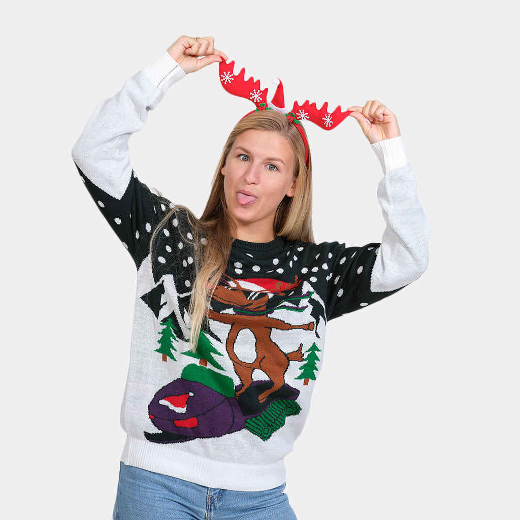 Womens Family Ugly Christmas Sweater with Reindeer on Snowmobile