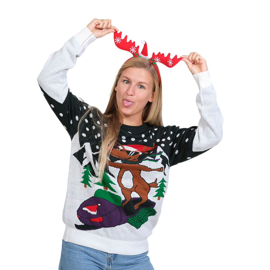 Womens Family Ugly Christmas Sweater with Reindeer on Snowmobile
