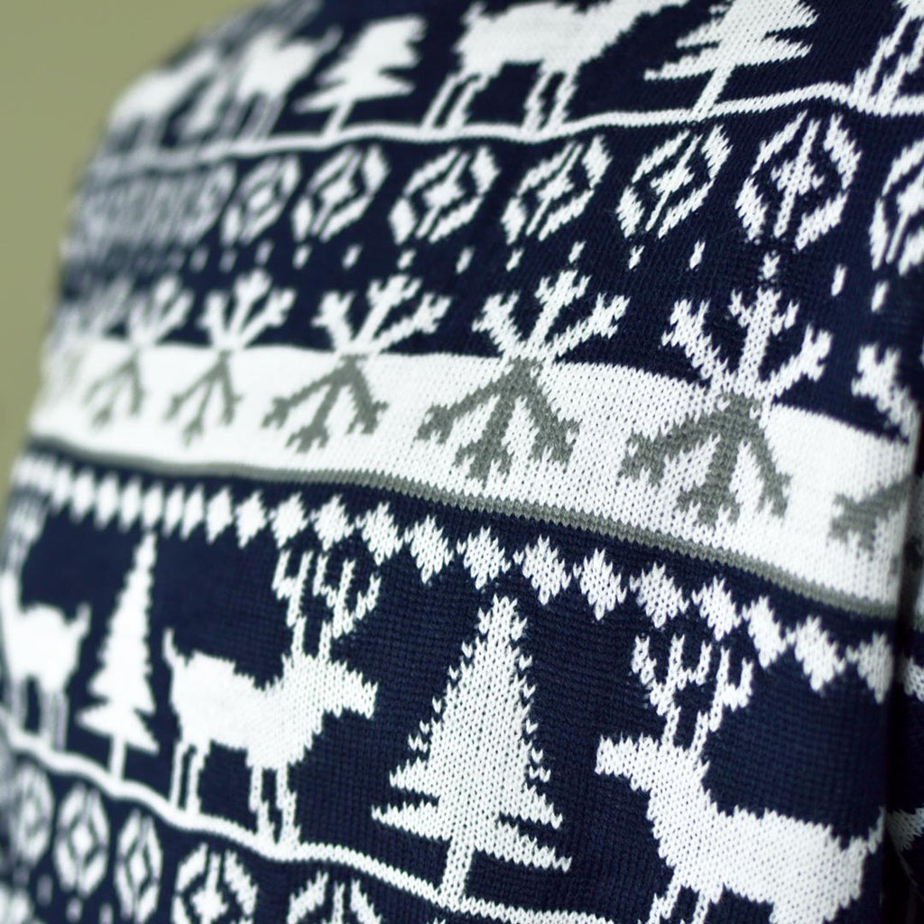 Family Ugly Christmas Sweater with Reindeers and Trees Strips Detail