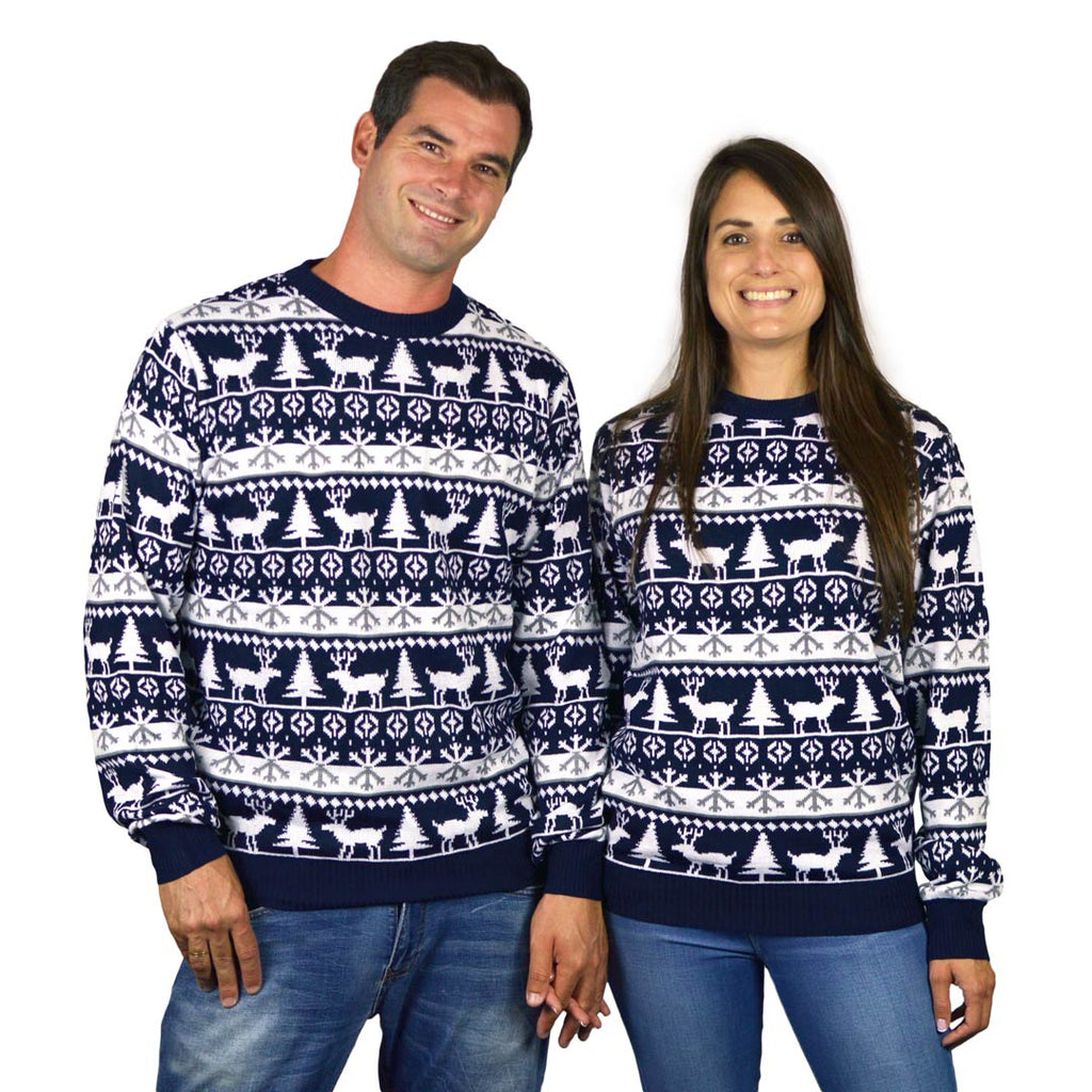 Family Ugly Christmas Sweater with Reindeers and Trees Strips Couple