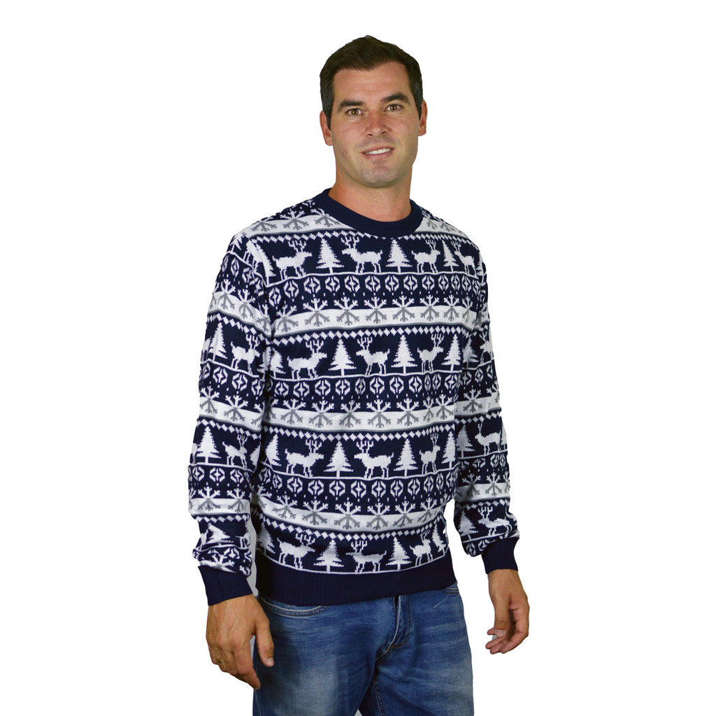 Mens Family Ugly Christmas Sweater with Reindeers and Trees Strips