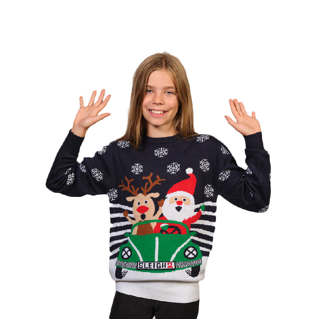 Girls Family Ugly Christmas Sweater with Santa and Reindeer Driving