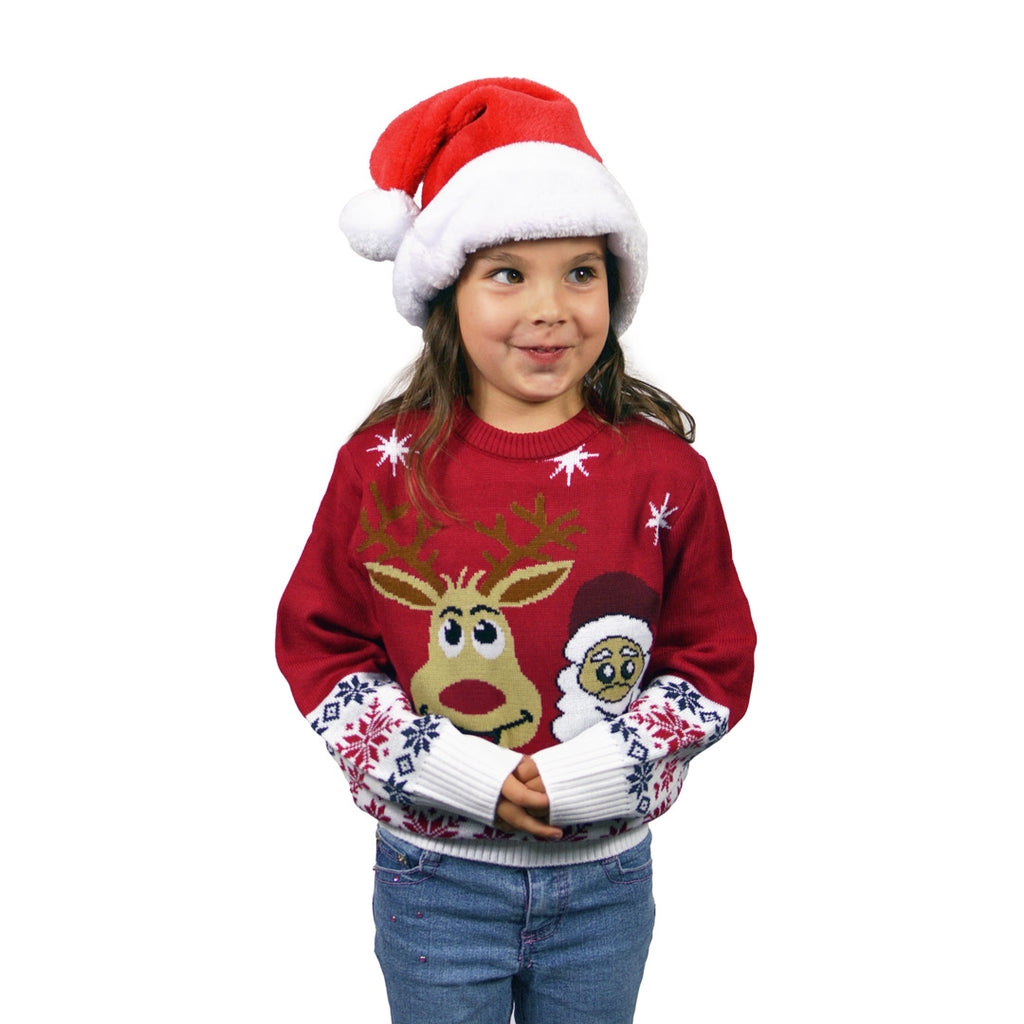Family Ugly Christmas Sweater with Santa and Rudolph Smiling kids