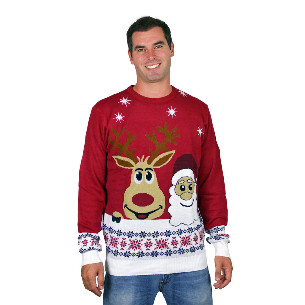 Mens Family Ugly Christmas Sweater with Santa and Rudolph Smiling