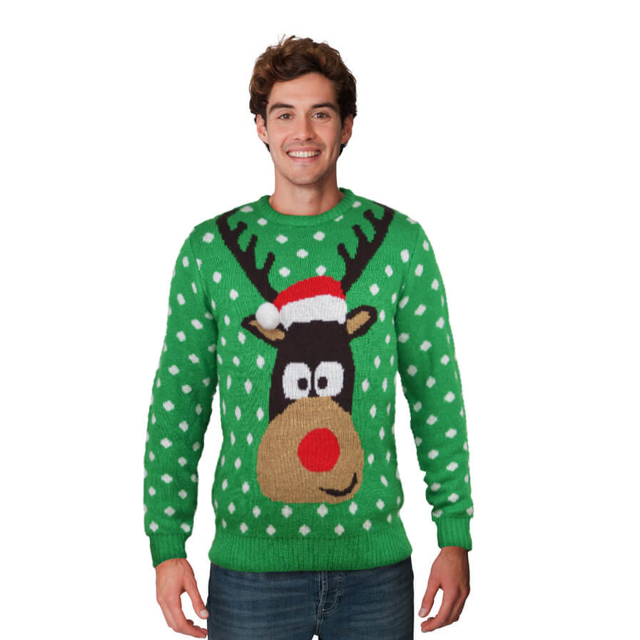 Mens Green 3D Family Ugly Christmas Sweater Reindeer with Santa's hat