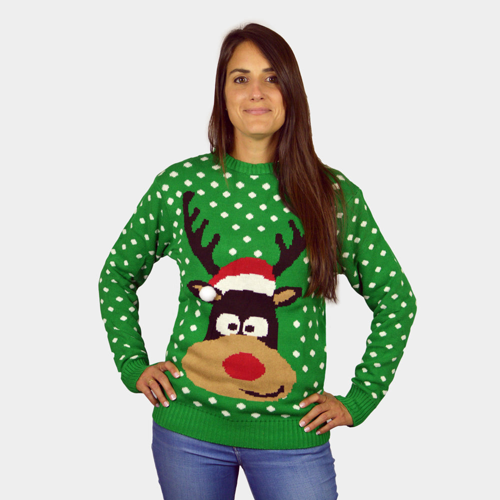 Womens Green 3D Family Ugly Christmas Sweater Reindeer with Santa's hat