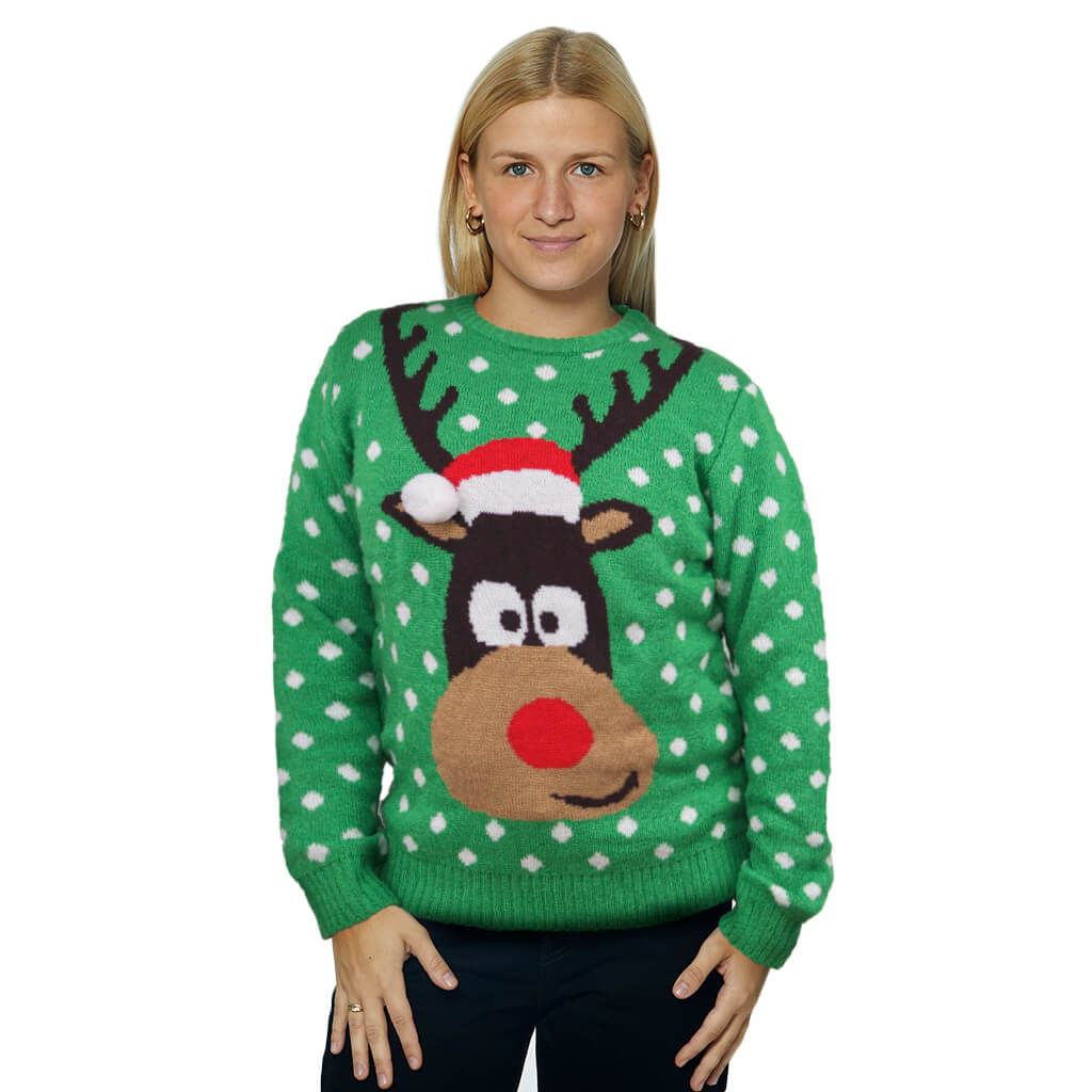Womens Green 3D Ugly Christmas Sweater Reindeer with Santa's hat