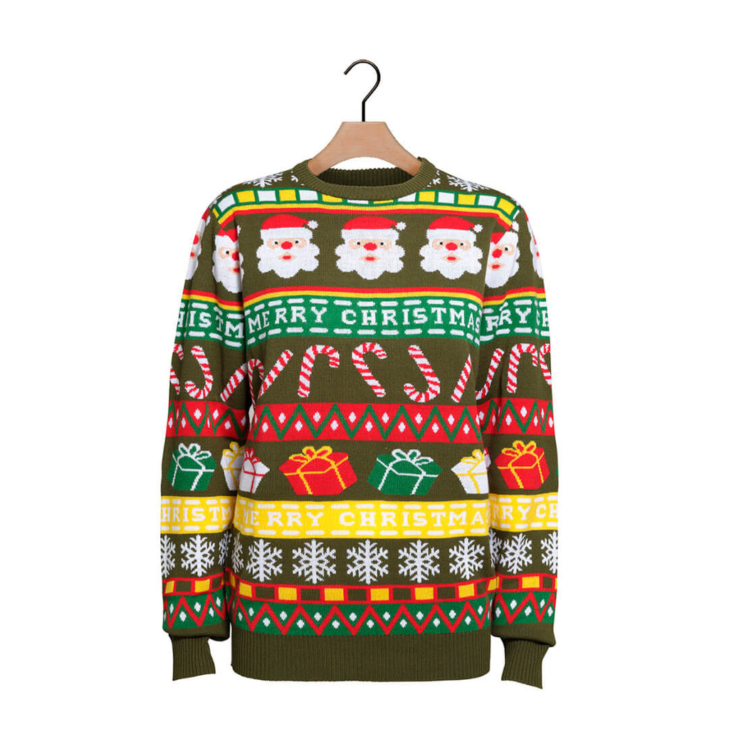 Green Boys and Girls Ugly Christmas Sweater with Santa and Gifts