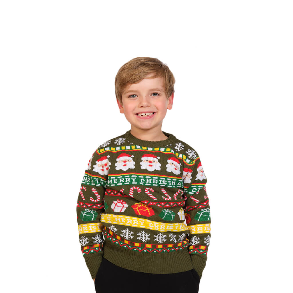 Boys Green Family Ugly Christmas Sweater with Santa and Gifts