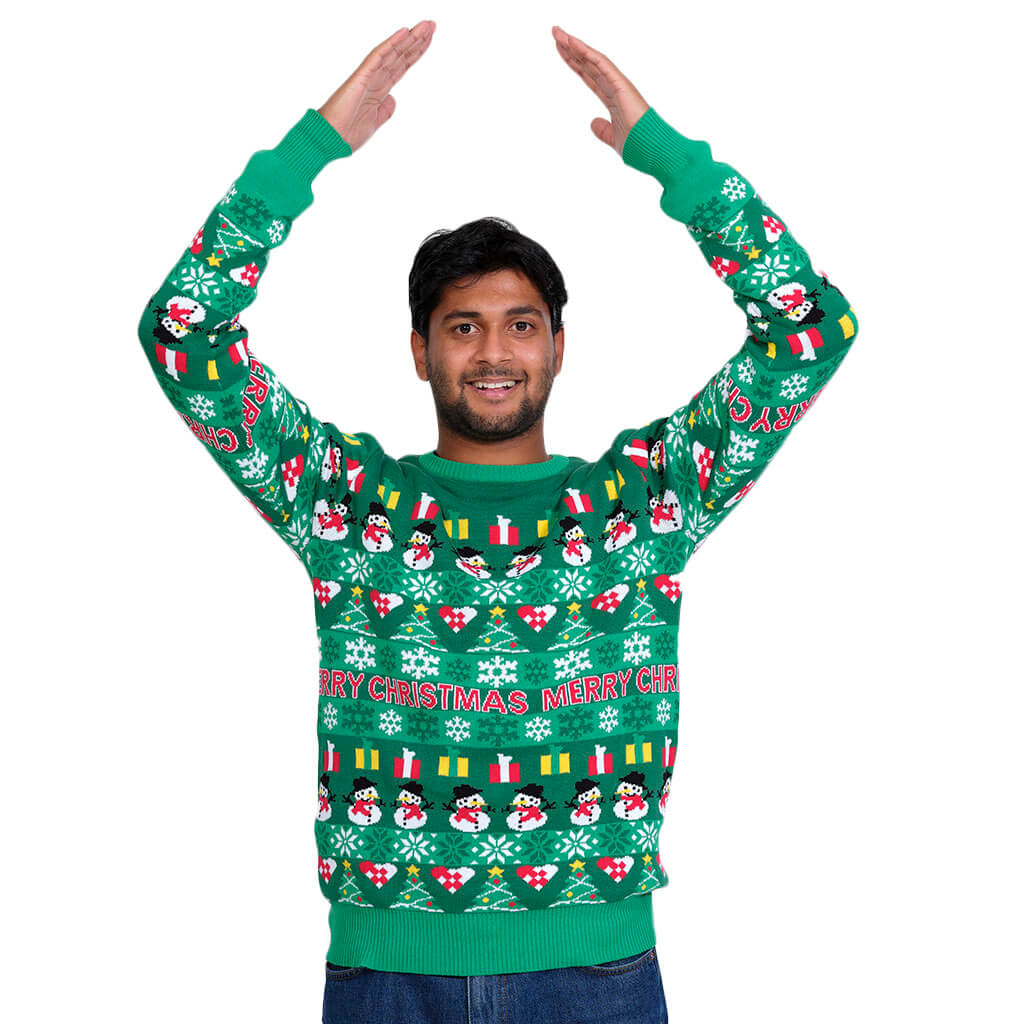 Green Organic Cotton Ugly Christmas Sweater with Trees and Snowmens – Ugly  Christmas Sweaters