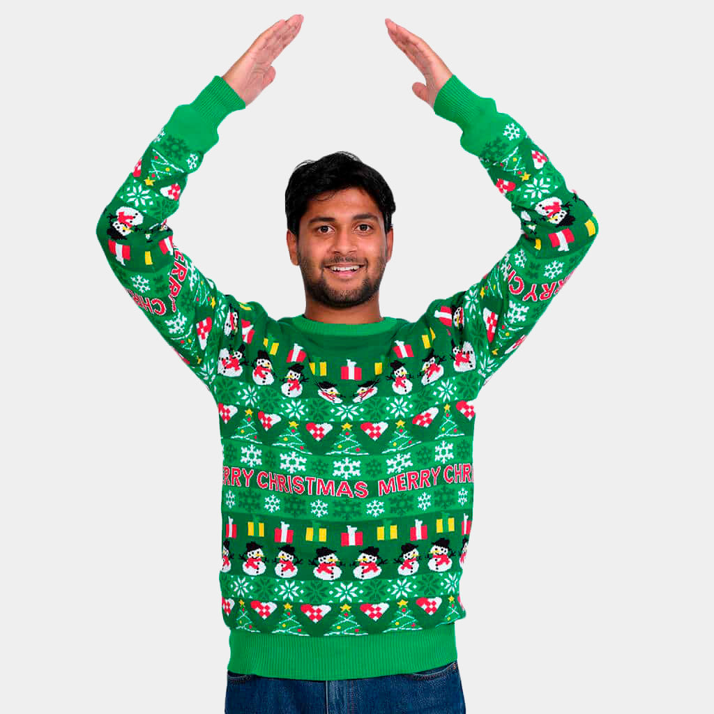 Mens Green Organic Cotton Ugly Christmas Sweater with Trees and Snowmens