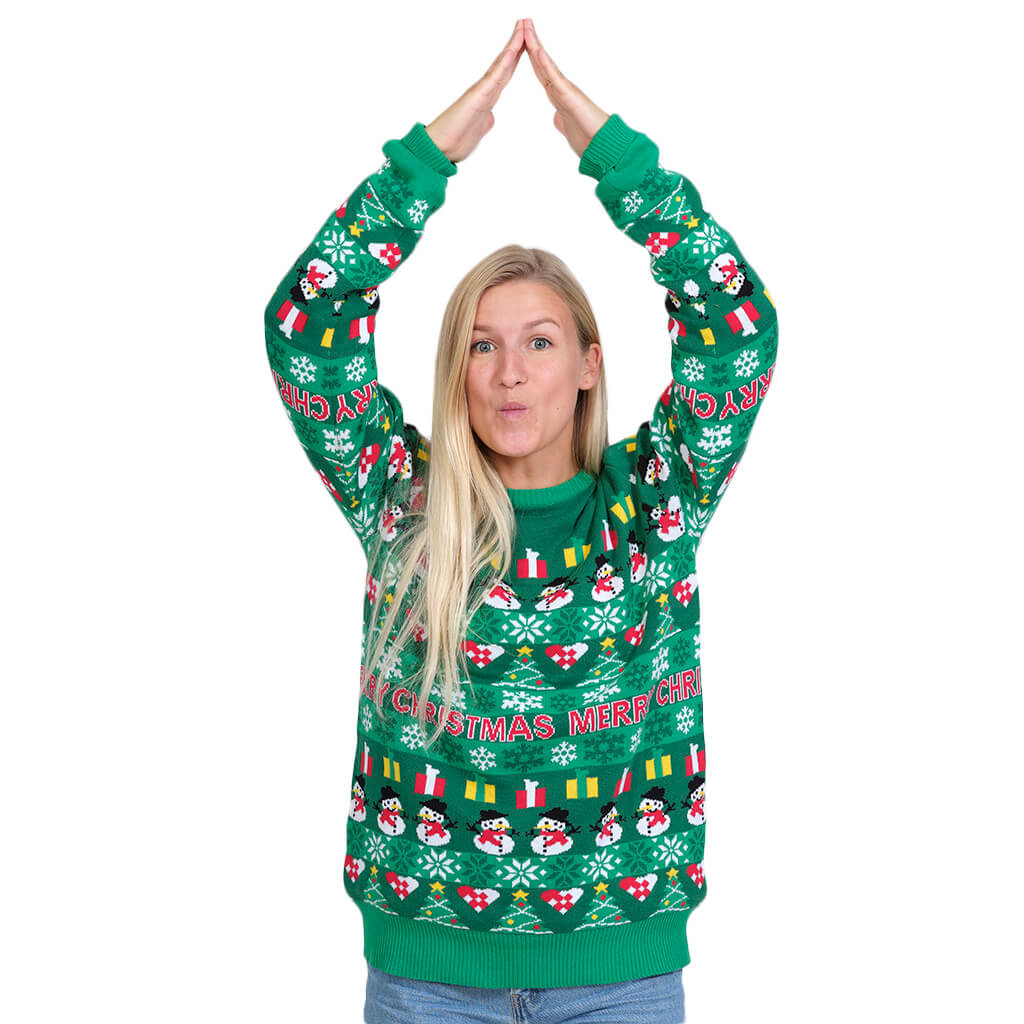 Womens Green Organic Cotton Ugly Christmas Sweater with Trees and Snowmens
