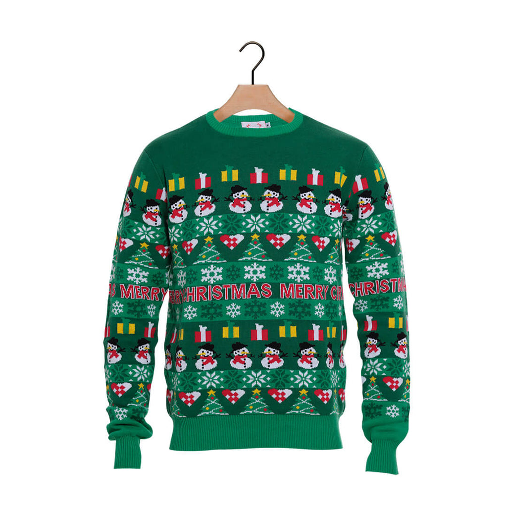 Green Organic Cotton Ugly Christmas Sweater with Trees and Snowmens