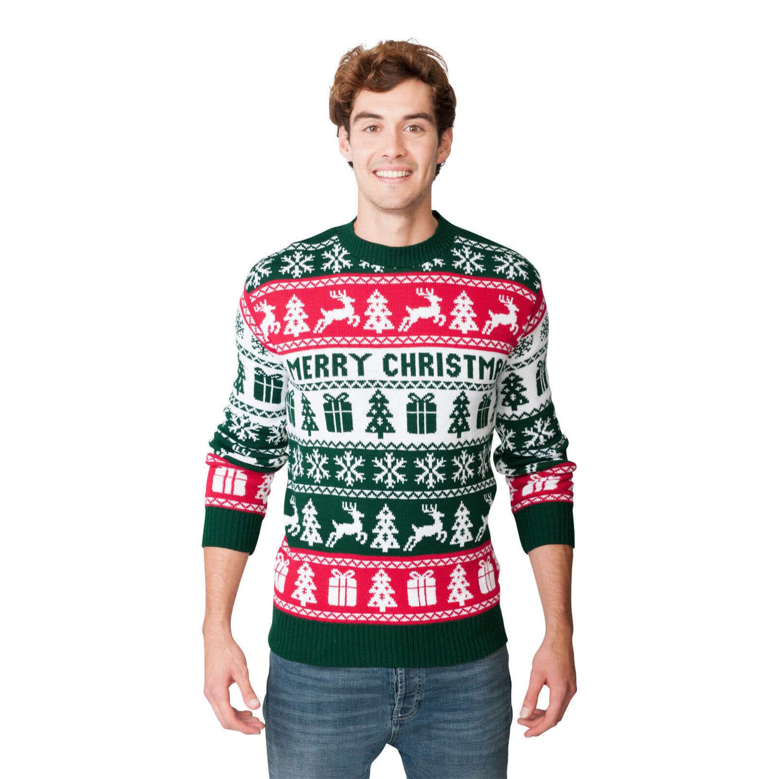 Mens Green, Red and White Strips Ugly Christmas Sweater