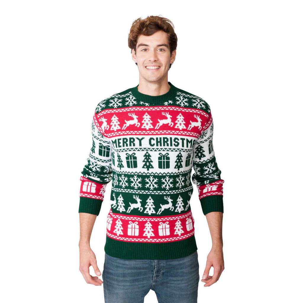 Mens Green, Red and White Strips Ugly Christmas Sweater