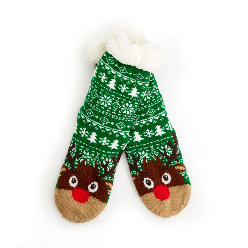 Green Rubber Sole Ugly Christmas Socks with Trees and Reindeer