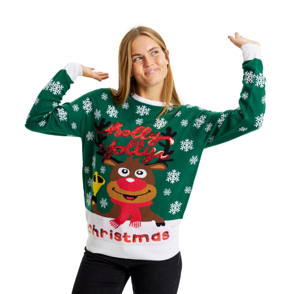 Green Ugly Christmas Sweater Holly Jolly with Sequins womens