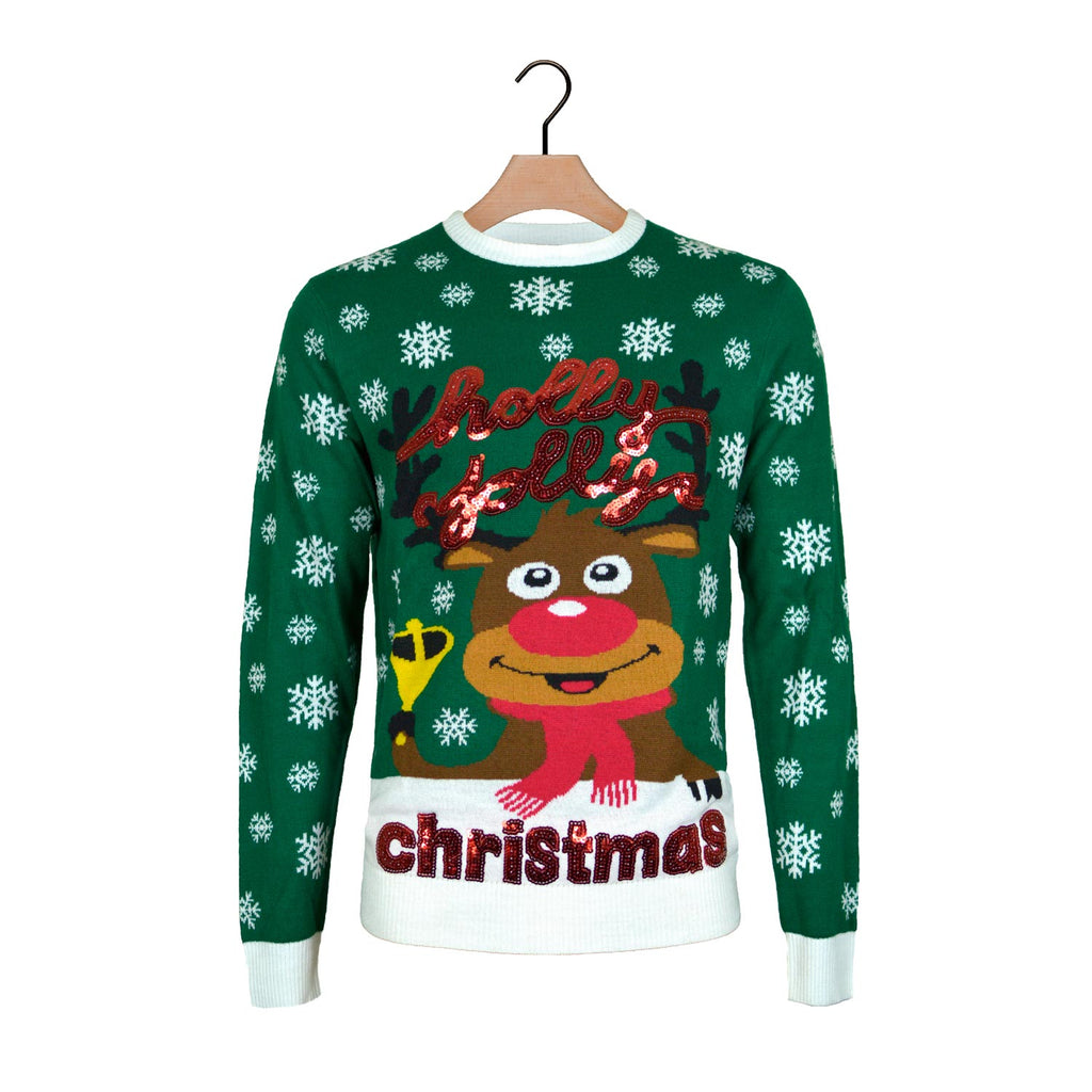 Green Ugly Christmas Sweater Holly Jolly with Sequins