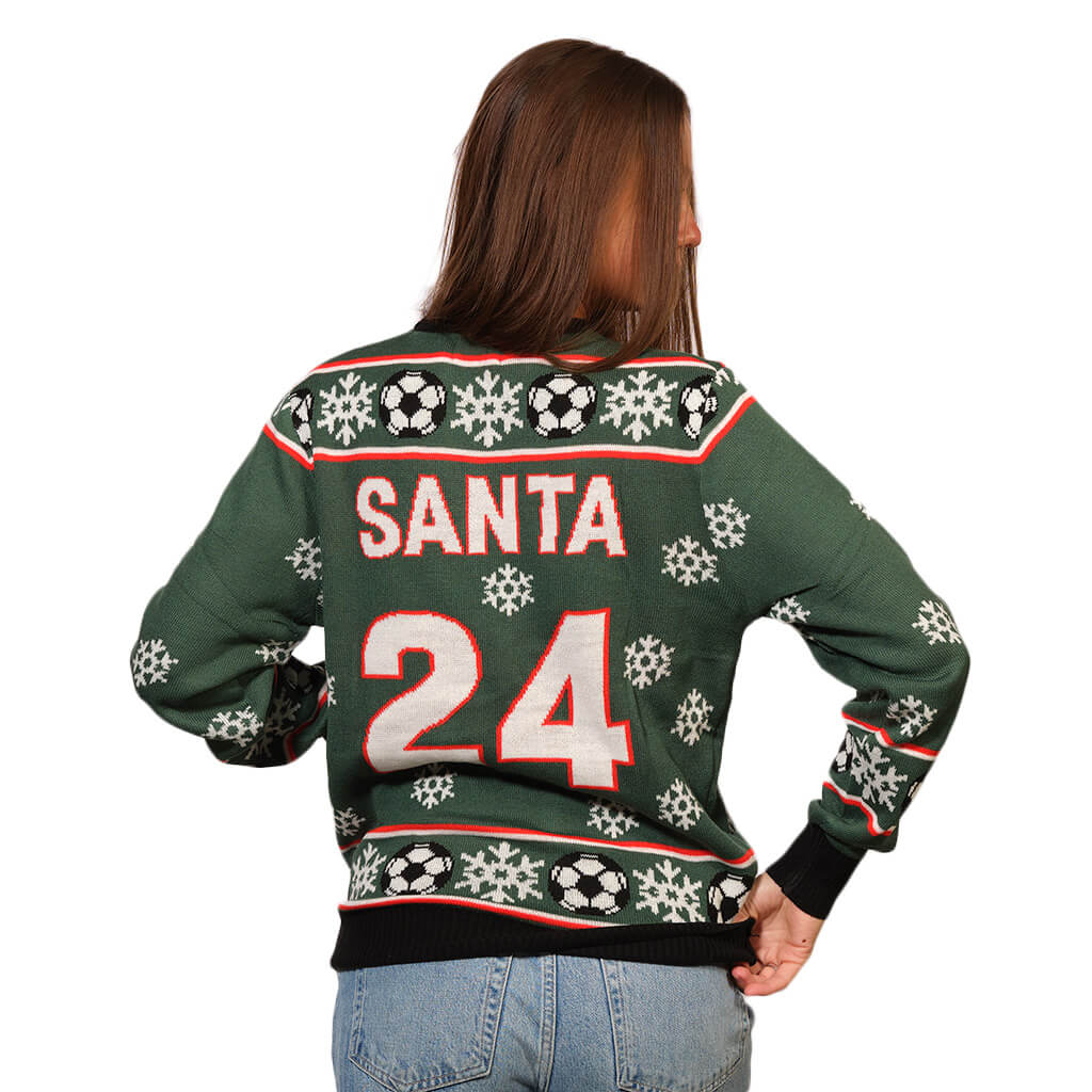 Womens Back Green Ugly Christmas Sweater with Santa playing Football