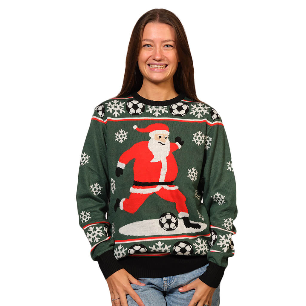 Womens Green Ugly Christmas Sweater with Santa playing Football