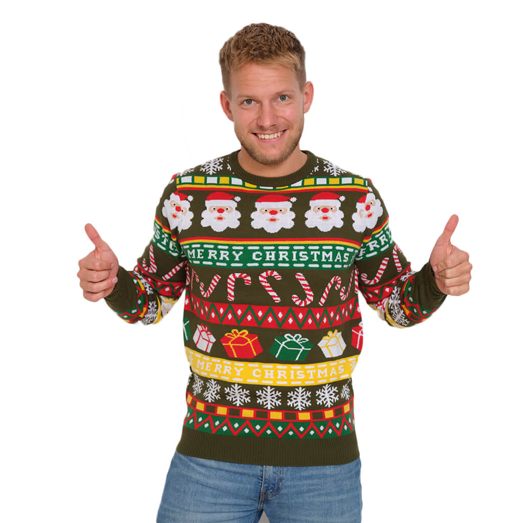 Mens Green Ugly Christmas Sweater with Santa and Gifts