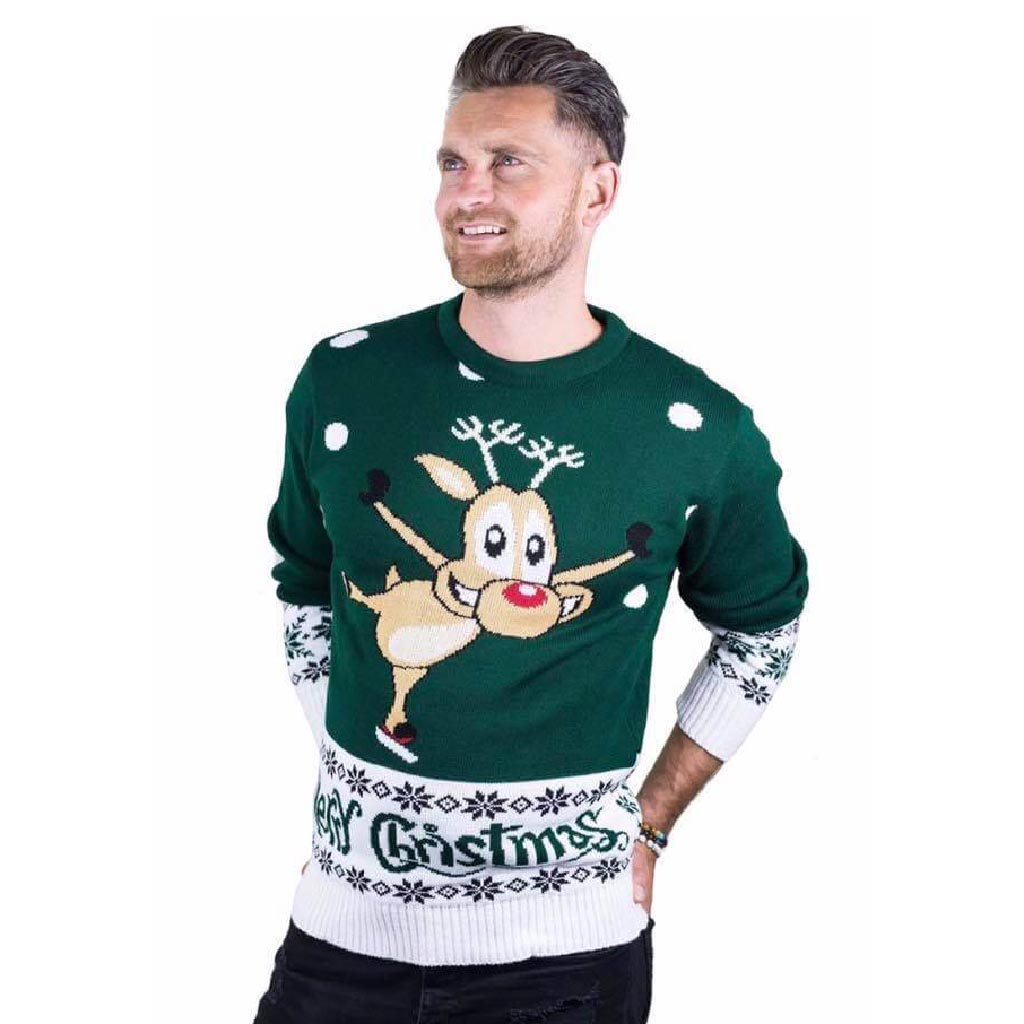 Mens Green Ugly Christmas Sweater with skating Reindeer