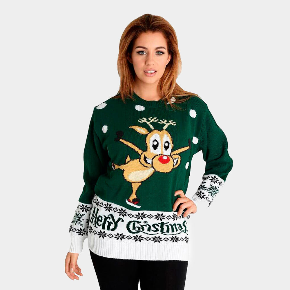 Womens Green Ugly Christmas Sweater with skating Reindeer