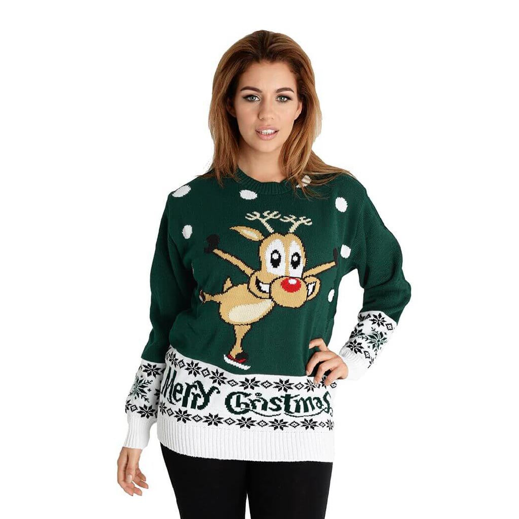 Womens Green Ugly Christmas Sweater with skating Reindeer