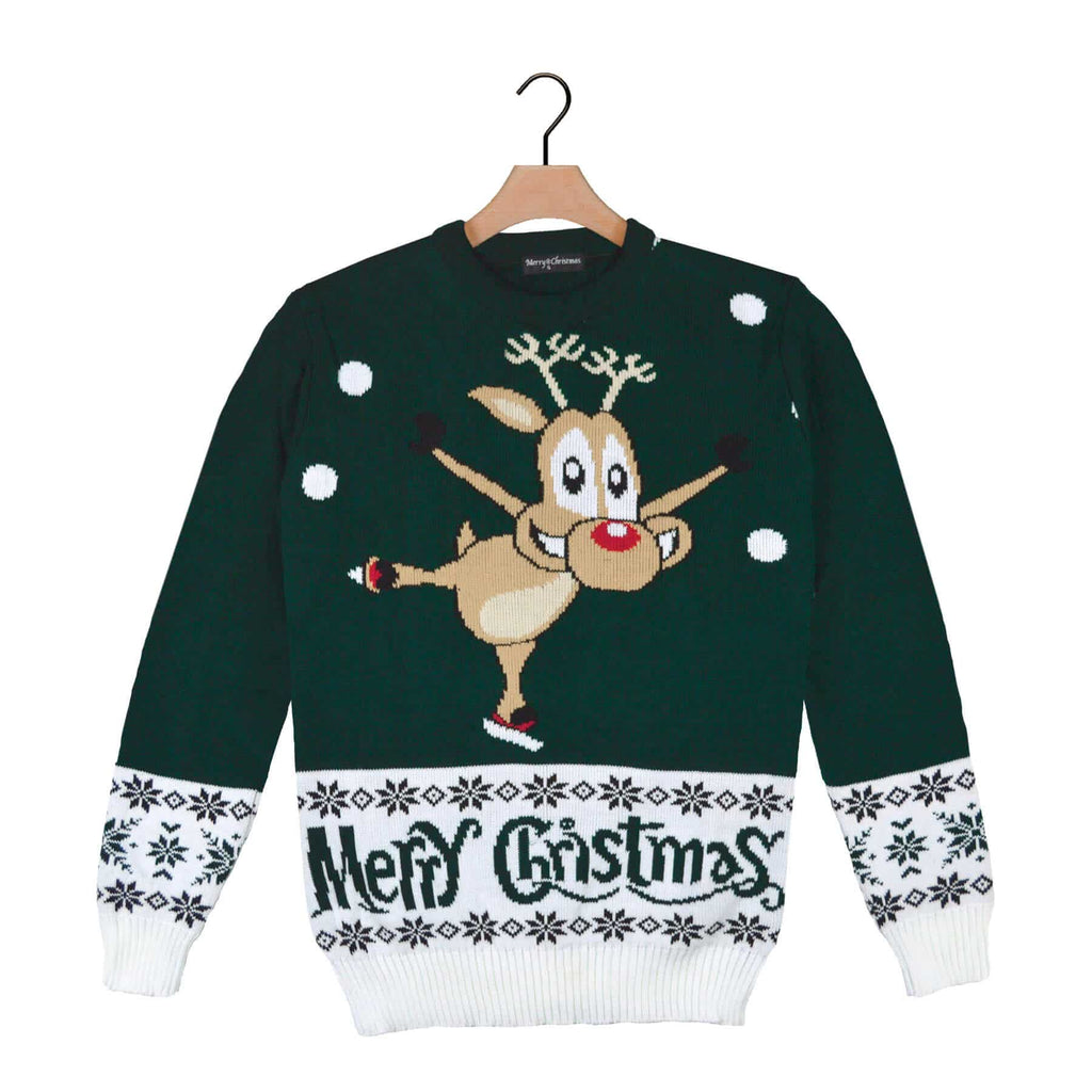 Green Ugly Christmas Sweater with skating Reindeer