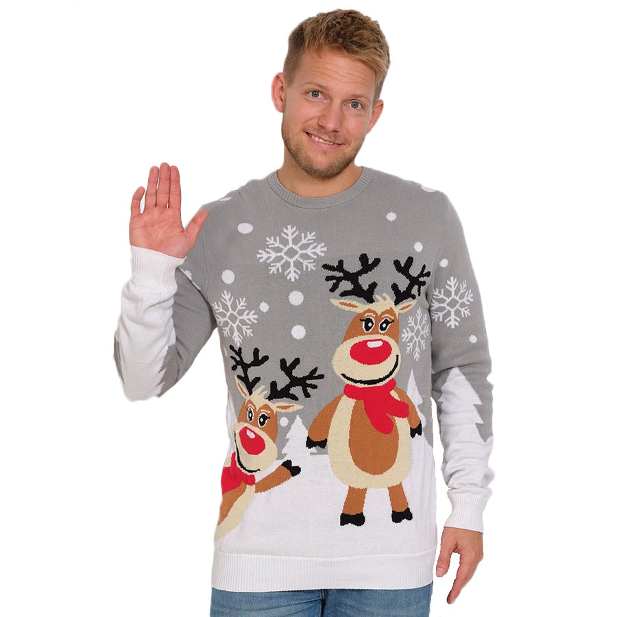 Mens Grey Organic Cotton Cute Reindeers Family Ugly Christmas Sweater