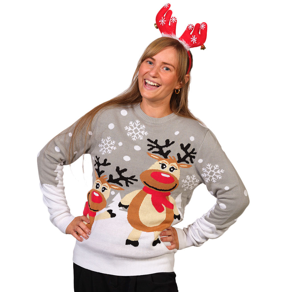 Womens Grey Organic Cotton Cute Reindeers Family Ugly Christmas Sweater