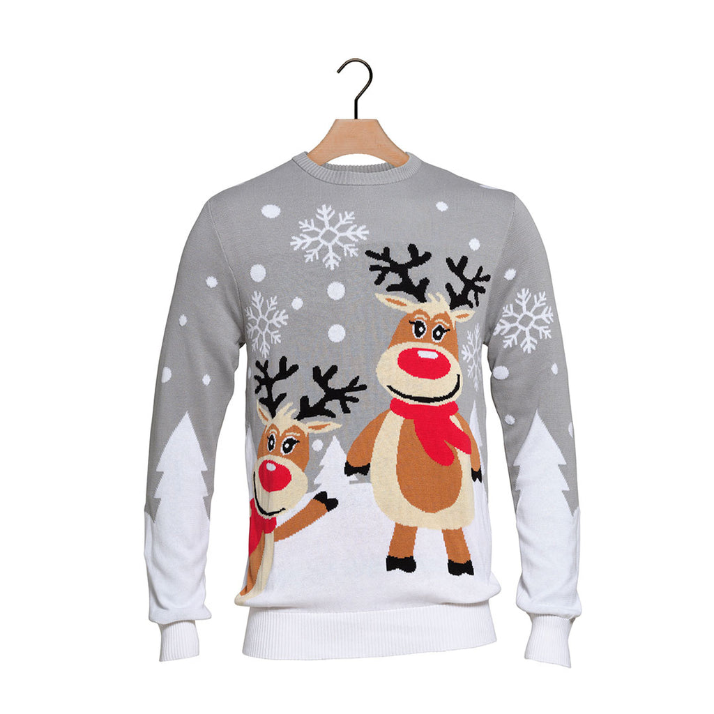 Grey Organic Cotton Cute Reindeers Ugly Christmas Sweater