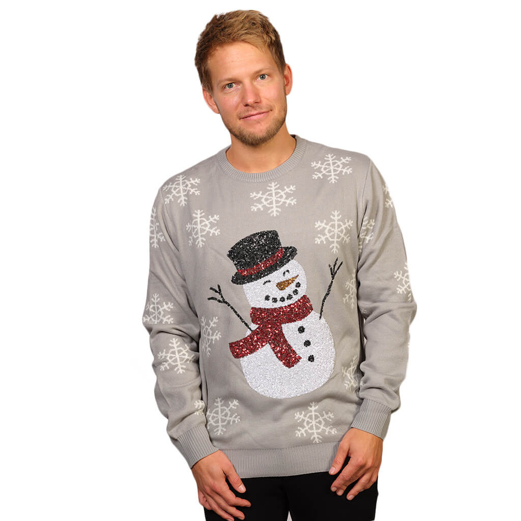 Mens Grey Sequins Ugly Christmas Sweater with Snowman