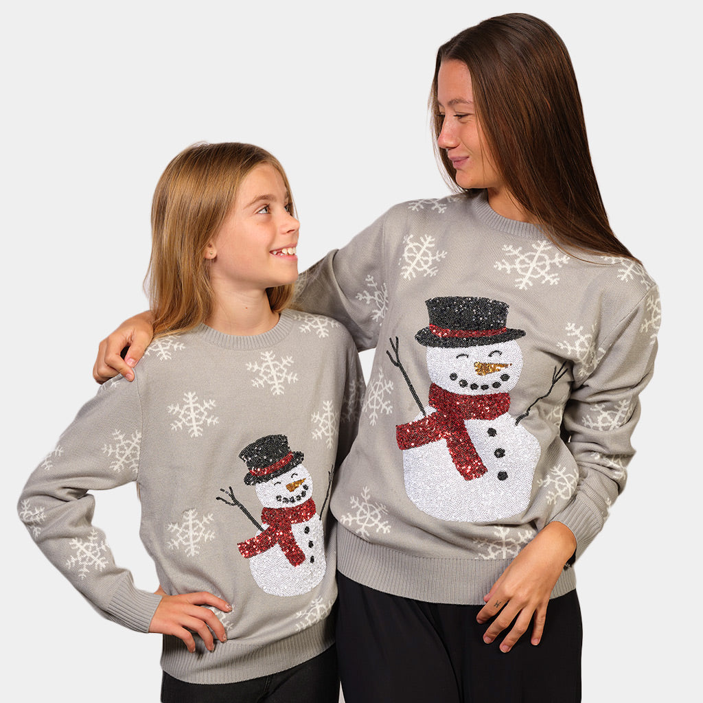 Womens and Girls Grey Sequins Ugly Christmas Sweater with Snowman