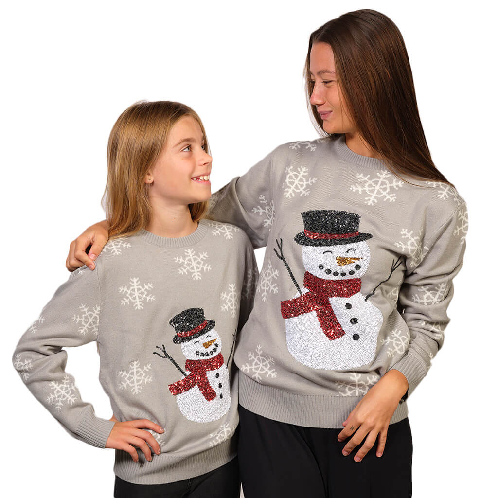 Womens and Girls Grey Sequins Ugly Christmas Sweater with Snowman