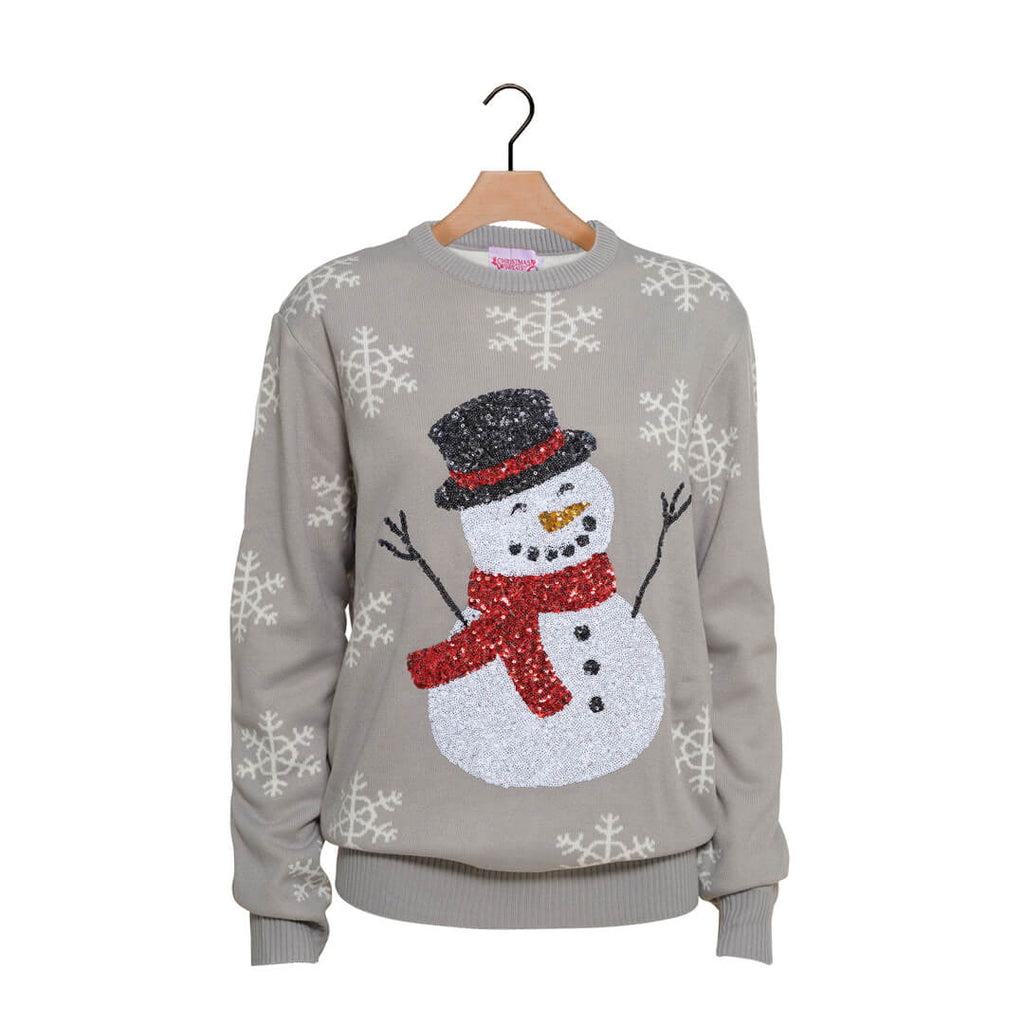 Grey Sequins Ugly Christmas Sweater with Snowman