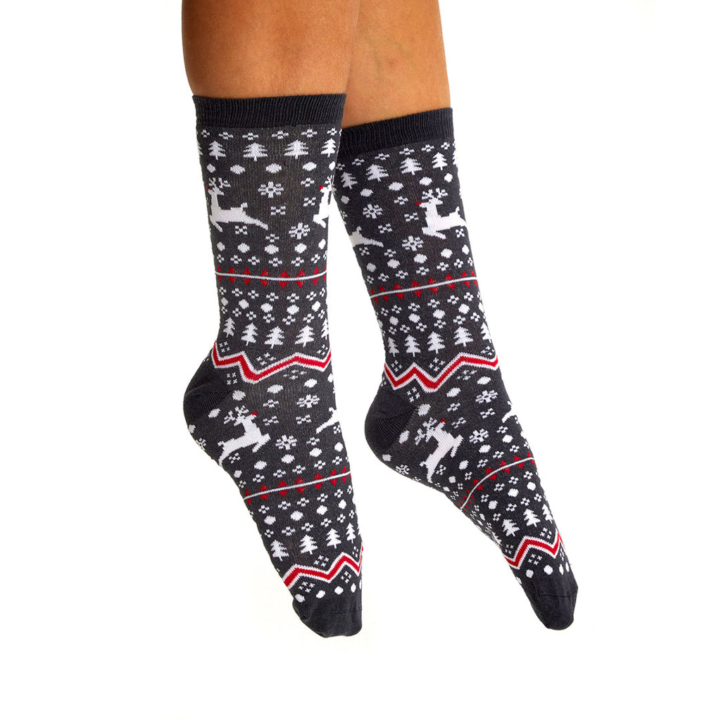 Grey Unisex Ugly Christmas Socks with Reindeers and Trees womens and men