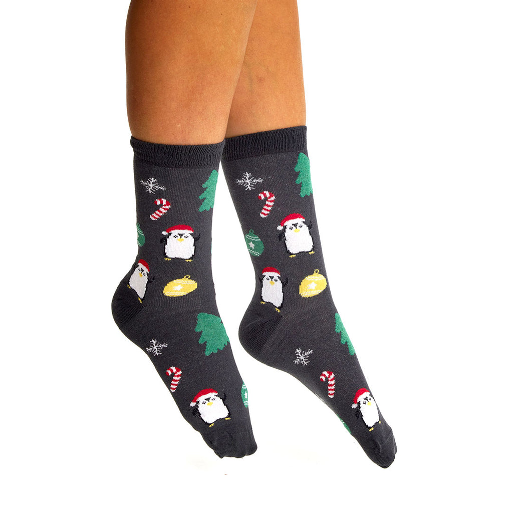 Grey Unisex Ugly Christmas Socks with Trees and Penguins women and men