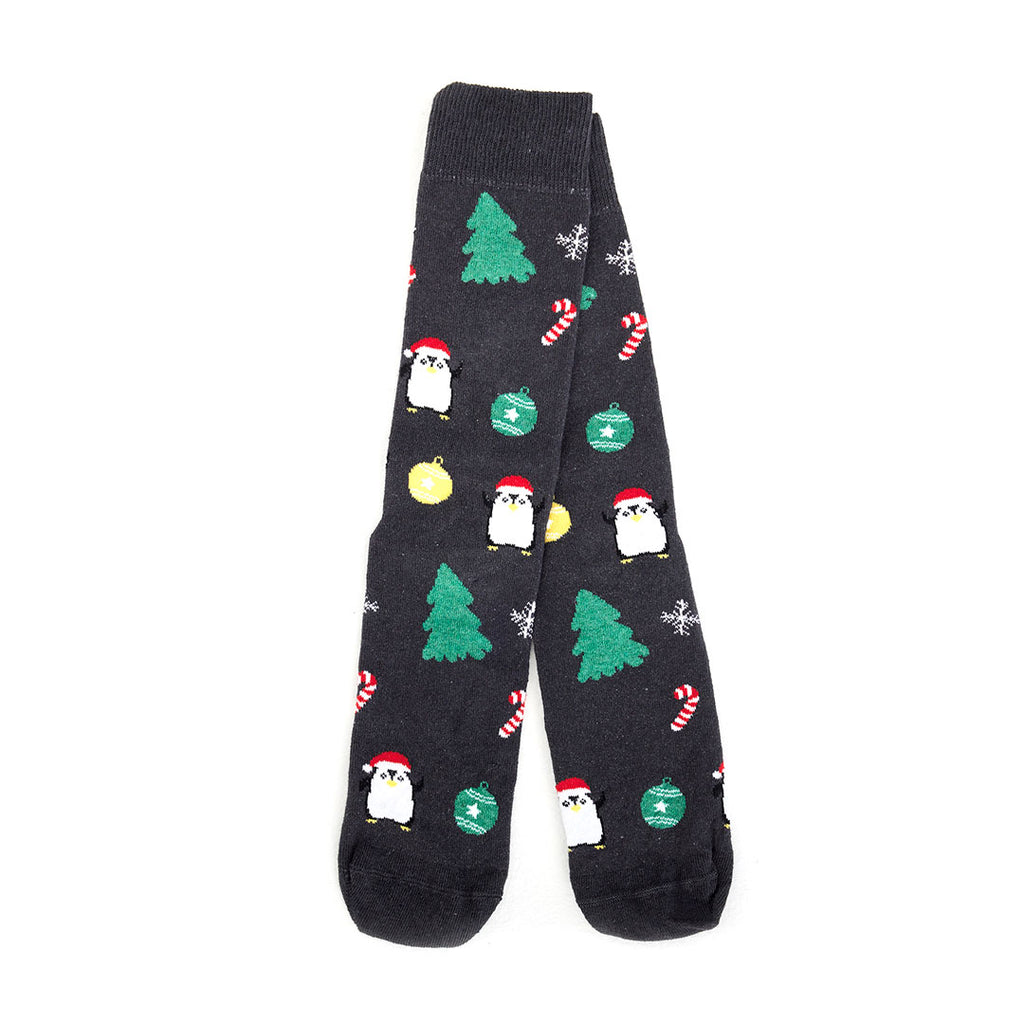 Grey Unisex Ugly Christmas Socks with Trees and Penguins