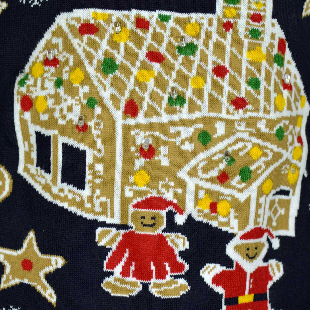 LED light-up Boys and Girls Ugly Christmas Sweater with Gingerbread House Detail 2
