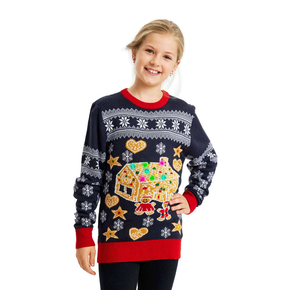 LED light-up Family Ugly Christmas Sweater with Gingerbread House Girls