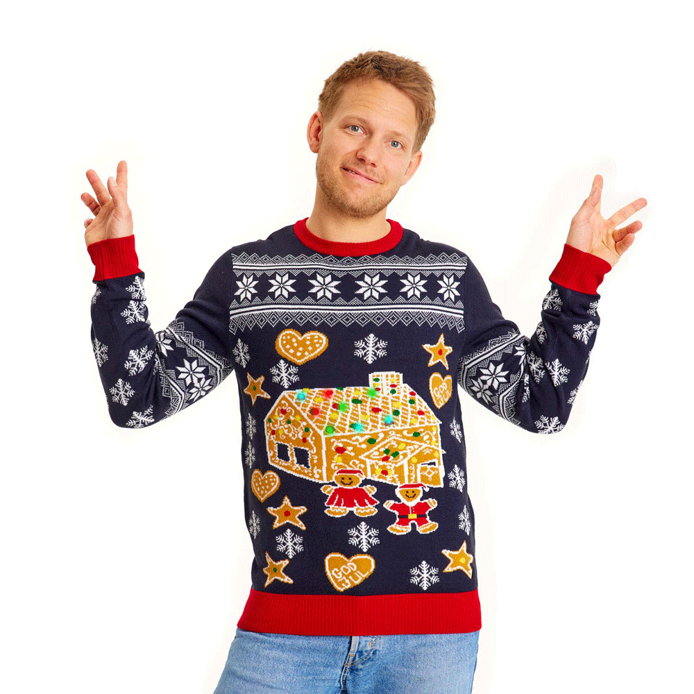 LED light-up Family Ugly Christmas Sweater with Gingerbread House Mens