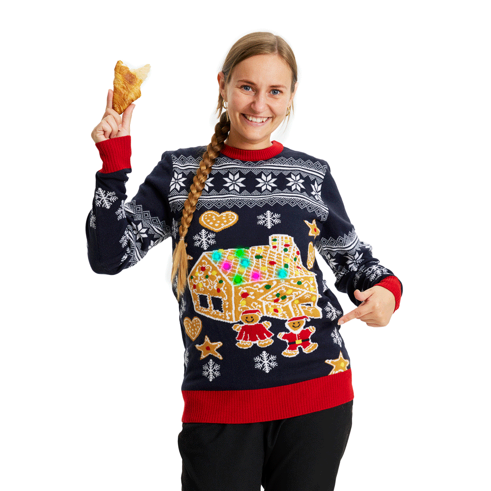 LED light-up Family Ugly Christmas Sweater with Gingerbread House Womens
