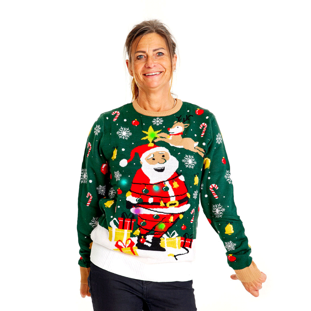 LED light-up Ugly Christmas Sweater Santa Claus in a mess Womens