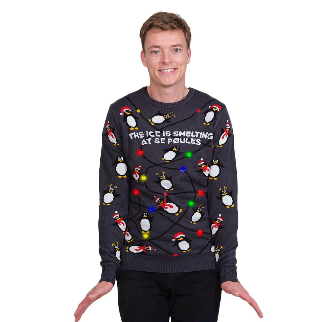 Mens LED light-up Ugly Christmas Sweater with Penguins