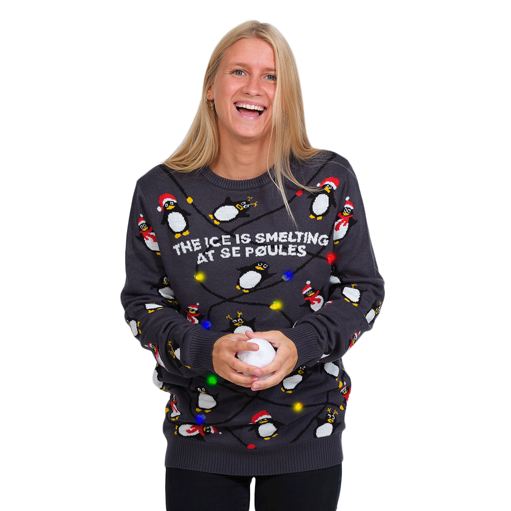 Womens LED light-up Ugly Christmas Sweater with Penguins