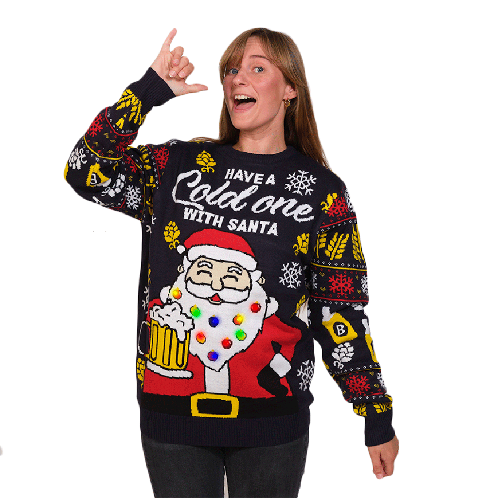 Womens LED Light-Up Ugly Christmas Sweater Santa with Beer