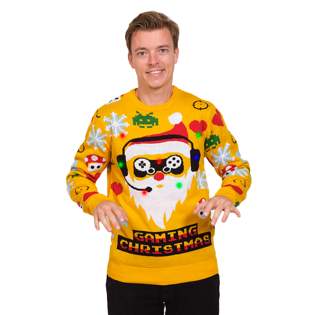 Mens LED light-up Ugly Christmas Sweater with Santa Gamer